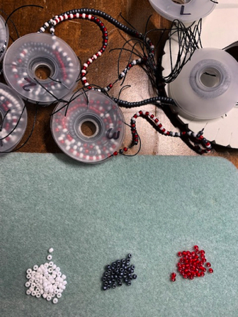 Sep 21 - Loading bead strings for my next 3-color lariat. Sep 21 - Loading bead strings for my next 3-color lariat.